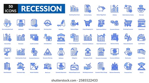 Recession blue icon collection set. Includes crisis, unemployment, inflation, downturn, poverty, savings, bankruptcy, decline, debt, layoffs, budget, uncertainty, economy, deficit