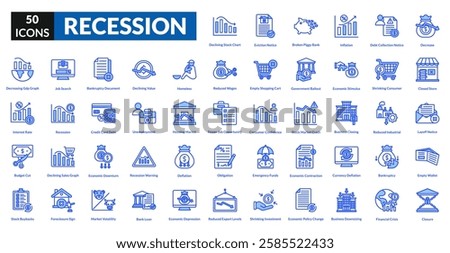 Recession blue icon collection set. Includes crisis, unemployment, inflation, downturn, poverty, savings, bankruptcy, decline, debt, layoffs, budget, uncertainty, economy, deficit
