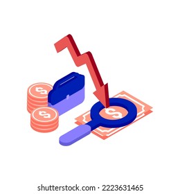 recession business isometric icon illustration color red, blue, purple. Conceptual business story. Financial crisis, economic recession, bankruptcy, depression.