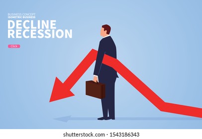 Recession and recession, businessman standing with falling arrow