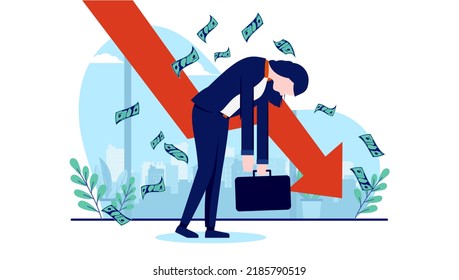 Recession Businesswoman - Sad Woman Walking With Red Arrow Showing Financial Trouble And Economic Failure. Flat Design Vector Illustration With White Background