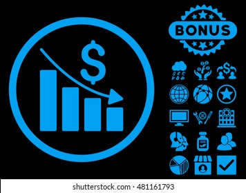 Recession Chart icon with bonus. Vector illustration style is flat iconic symbols, blue color, black background.
