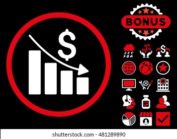 Recession Chart icon with bonus. Vector illustration style is flat iconic bicolor symbols, red and white colors, black background.