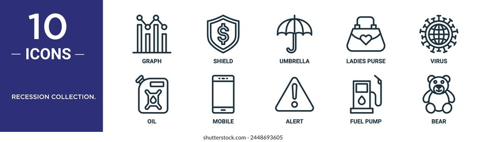 recession collection. outline icon set includes thin line graph, shield, umbrella, ladies purse, virus, oil, mobile icons for report, presentation, diagram, web design