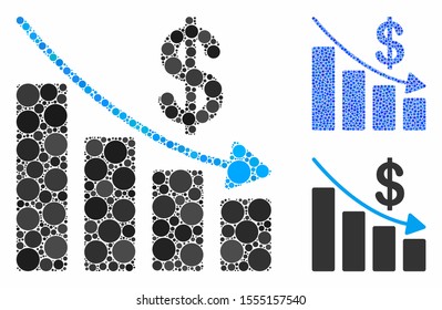 Recession composition of small circles in different sizes and color hues, based on recession icon. Vector small circles are grouped into blue composition.