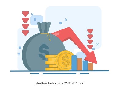 recession concept. economic downturn, profit or income. decreasing currency value. coin with down arrow. economic and financial problems. flat vector illustration on background.