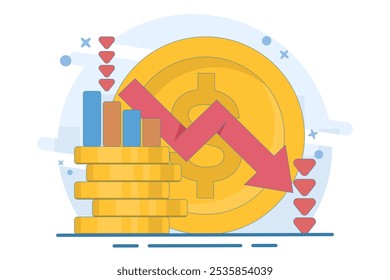 concepto de recesión. recesión económica, beneficio o ingreso. valor de la divisa decreciente. moneda con flecha hacia abajo. problemas económicos y financieros. Ilustración vectorial plana en el fondo.