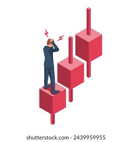 Recession concept. Falling market. The trading broker is horrified at the falling market. Financial graph down. Vector illustration isometric design.
