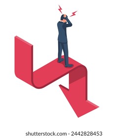 Recession concept. Falling market. The trading broker is horrified at the falling market. Financial graph down. Vector illustration isometric design.