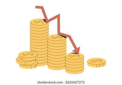 Recession and economic downturn, falling coin stacks, red arrow indicating decline, financial crisis, market loss, money devaluation, inflation impact, negative trend chart flat vector illustration.