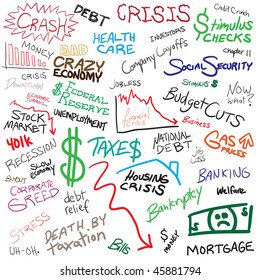 Recession economy and finance related doodles isolated over white.