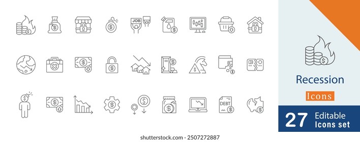 Rezession editierbarer Strich Symbol-Satz. mit Goldpreis, Schulden, Benzinpreis, Geldbeutel, Zwangsvollstreckung, Kreditkarte, Sparschwein, Finanzkrise und mehr Line Art