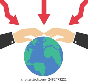 recession effect, big hand protecting planet earth from the effects of world recession, economic chaos, economic crisis.

