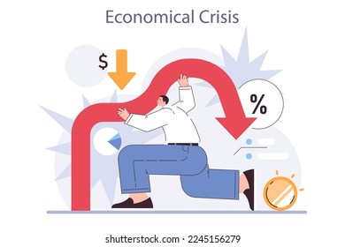 Recession effect. Economical crisis is a significant, widespread, and prolonged economic slow down or stagnation result. Economical activity decline impact. Flat vector illustration