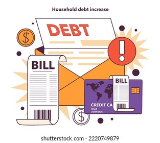 Recession effect. Household debt increase is a significant, widespread, and prolonged economic slow down or stagnation result. Economical activity decline impact. Flat vector illustration