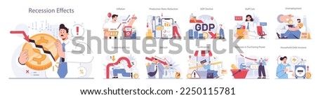 Recession effects set. Significant, widespread, and prolonged economic slow down or stagnation impacts. Economical activity decline result. Flat vector illustration