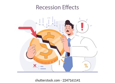 Recession effects. Significant, widespread, and prolonged economic slow down or stagnation impacts. Economical activity decline result. Flat vector illustration