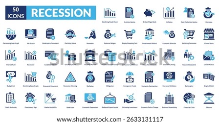 Recession fill icon collection set. Includes crisis, unemployment, inflation, downturn, poverty, savings, bankruptcy, decline, debt, layoffs, budget, uncertainty, economy, deficit
