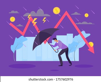 Recession financial crisis concept, slowdown in production vector illustration. Man character with umbrella go against weather, declining chart. Economic downturn, coins in stormy sky.
