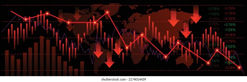 Recession Financial Crysis graphic concept vector ,line chart Indicators vector illustration on world black background. Online trading  currency chart concept. 