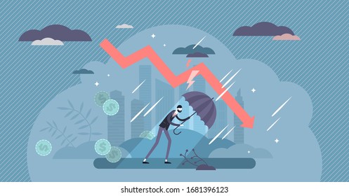 Recession financial storm concept, tiny business person vector illustration. World economy recession and global market collapse risk. Business bankruptcy loss challenges and stock market crash arrow.