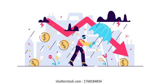 Recession financial storm concept, tiny business person vector illustration. World economy recession and global market collapse risk. Business bankruptcy loss challenges and stock market crash arrow.