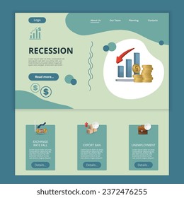 Plantilla del sitio web de la página de aterrizaje plana de la recesión. Caída del tipo de cambio, prohibición de las exportaciones, desempleo. Banner web con encabezado, contenido y pie de página. Ilustración vectorial.