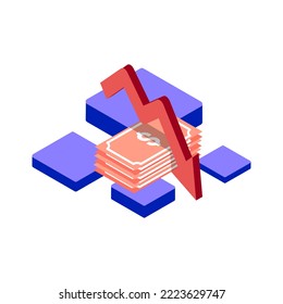 recession gap isometric icon illustration color red, blue, purple. Conceptual business story. Financial crisis, economic recession, bankruptcy, depression.