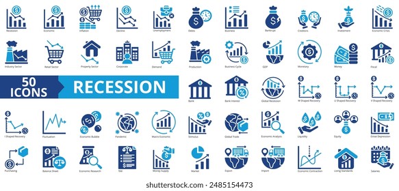 Conjunto de colecciones de iconos de recesión. Conteniendo la economía, la inflación, la caída, el desempleo, la deuda, los negocios, el icono de la quiebra. Vector plano simple