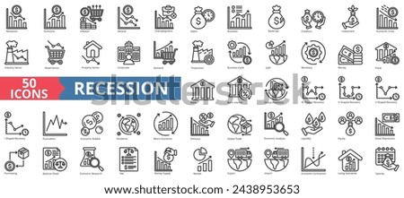 Recession icon collection set. Containing economic, inflation, decline, unemployment, debt, business, bankrupt icon. Simple line vector