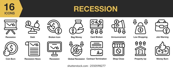 Conjunto de ícones de recessão. Inclui dívida, quebrado, cartão, saco, anúncio, fechamento de loja, global e muito mais. Contornar coleção de vetores de ícones.