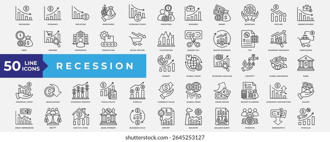 Recession icons collection set. Containing economic, inflation, investment, economic crisis, business, financial, global recession, analysis, growth and budget planning. Simple Line Vector.