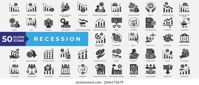 Conjunto de coleta de ícones de recessão. Contendo economia, inflação, investimento, crise econômica, negócios, financeira, recessão global, análise, crescimento e planejamento orçamentário. Vetor de Glifos Simples.