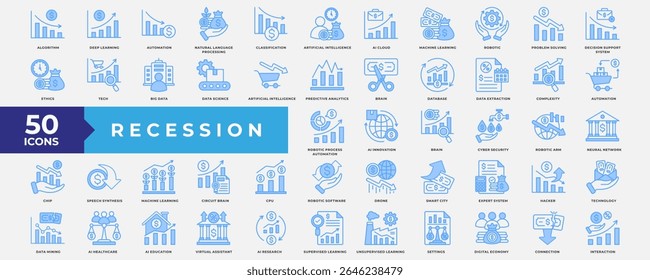 Recession icons collection set. Containing economic, investment, economic crisis, business, financial, global recession, analysis, growth and budget planning. Simple Blue Vector.