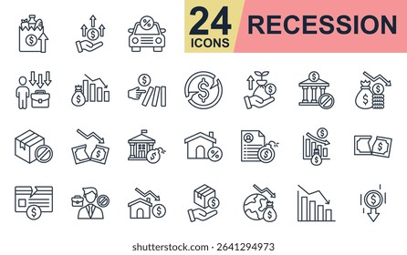 Recession Icons set vector illustration. Containing grocery, inflation, job loss, domino effect, economic crisis and more. Simple line icons collection.