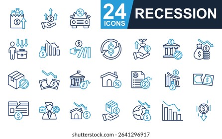 Recession Icons set vector illustration. Containing grocery, inflation, job loss, domino effect, economic crisis and more. Simple line color icons collection.
