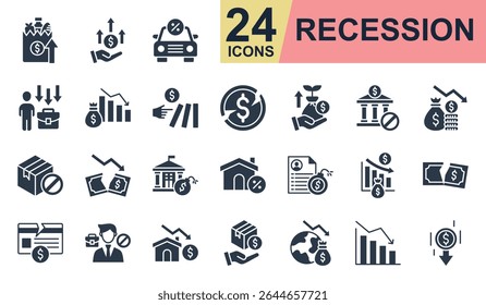 Ícones de recessão definem a ilustração vetorial. Conter supermercado, inflação, perda de empregos, efeito dominó, crise econômica e muito mais. Coleção de ícones de glifo simples.