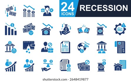 Recession Icons set vector illustration. Containing inflation, fired, economic crisis, crisis management, unemployment and more. Simple solid icons collection.