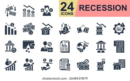 Recession Icons set vector illustration. Containing inflation, fired, economic crisis, crisis management, unemployment and more. Simple glyph icons collection.