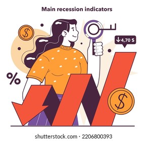 Recession indicators. Significant, widespread, and prolonged economic slow down or stagnation. Economical activity decline sign. Flat vector illustration