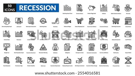 Recession line icon collection set. Includes 
crisis, unemployment, inflation, downturn, poverty, savings, bankruptcy, decline, debt, layoffs, budget, uncertainty, economy, deficit
