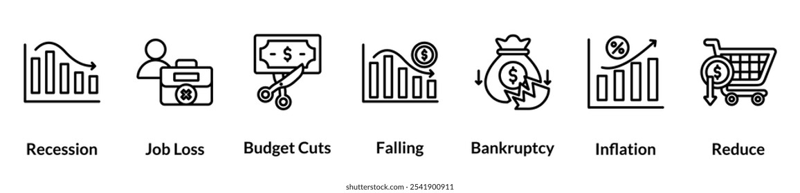 Conjunto de ícones de linha de recessão. recessão, perda de emprego, cortes de orçamento, queda, falência, inflação, reduzir