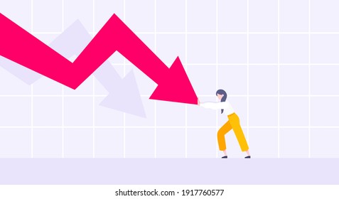 Recession loss and business bankruptcy concept. Young adult woman pushed red crisis arrow downturn vector illustration. Economy crisis, investment global market risk and stock market crash metaphor.