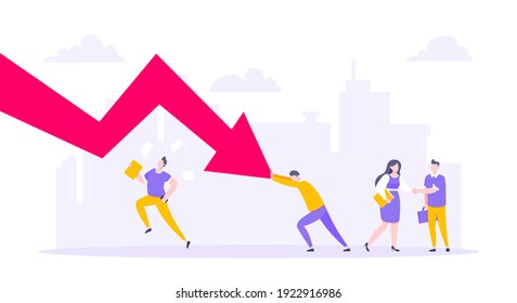 Recession loss and business bankruptcy concept. Young adult man pushed red crisis arrow downturn vector illustration. Economy crisis, investment global market risk and stock market crash metaphor.