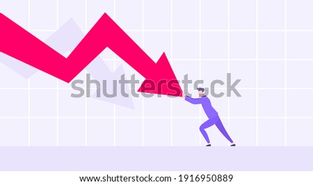 Recession loss and business bankruptcy concept. Young adult man pushed red crisis arrow downturn vector illustration. Economy crisis, investment global market risk and stock market crash metaphor.