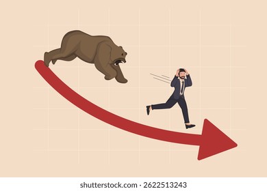 Recession and Market Crash Businessman Fleeing from a Bear on a Downward Graph, Illustrating Economic Panic and Financial Crisis.