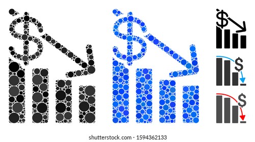 Recession mosaic of filled circles in different sizes and color tints, based on recession icon. Vector small circles are united into blue mosaic. Dotted recession icon in usual and blue versions.