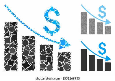 Recession mosaic of humpy parts in variable sizes and color tones, based on recession icon. Vector tremulant parts are composed into collage. Recession icons collage with dotted pattern.