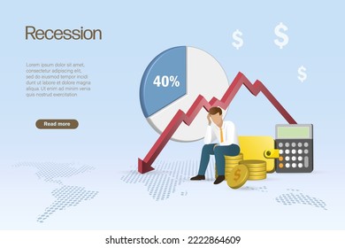 Recession, portfolio investment asset value loss. Frustrated businessman with falling graph and value of portfolio loss. Failure in stock market investment due to recession crisis.