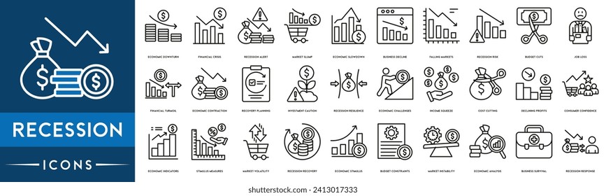 Recession Resilience, Recovery, Risk, Recession Alert, Recession Response, Consumer Confidence. thin line web icon set. Outline icons collection. Simple vector illustration